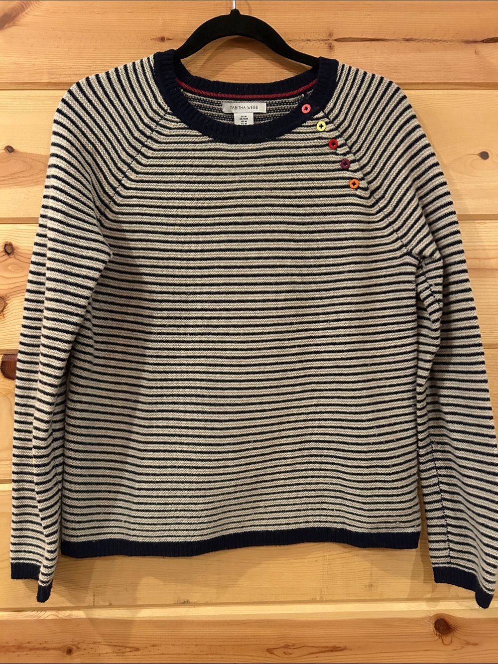 Lambswool Tabitha Webb Striped Crewneck Sweater, Navy & Cream, Size M